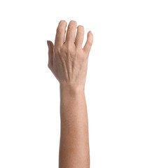 Obraz premium Woman holding something on white background, closeup