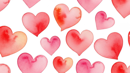 Valentine Watercolor hearts in various shades of pink and red, romantic pattern with transparent background