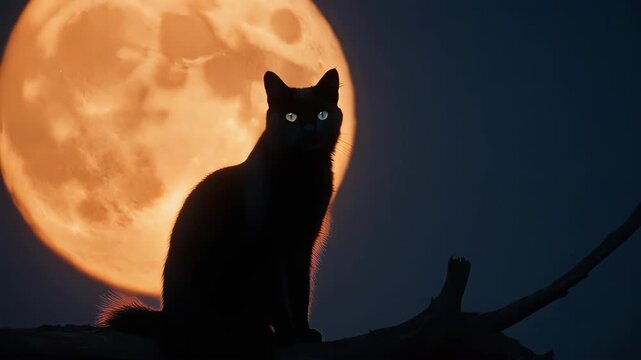 Black cat sitting on a branch with full moon background at night