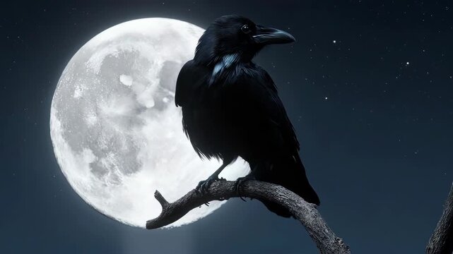 Black raven perched on branch in front of full moon at night sky
