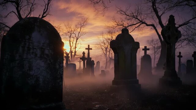 Mysterious cemetery scene at sunset with tombstones and a dusky atmosphere