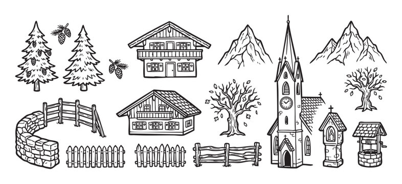 Hand drawn collection of rustic alpine village elements including chalets, a church, mountains, trees, fences, and a water well in a black and white doodle sketch style