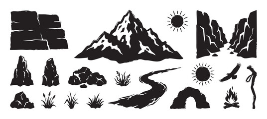 Fototapeta premium Collection of black hand-drawn nature icons featuring a mountain, river, campfire, eagle, and rocks in a rustic, woodcut-style illustration for adventure and hiking themes