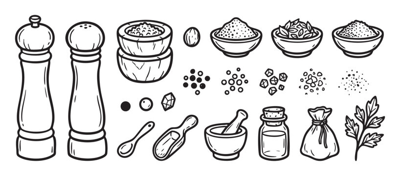 Hand-drawn set of spices and herbs icons including a pepper mill, salt shaker, mortar, pestle, bowls, and various seasonings in a black and white line art doodle style