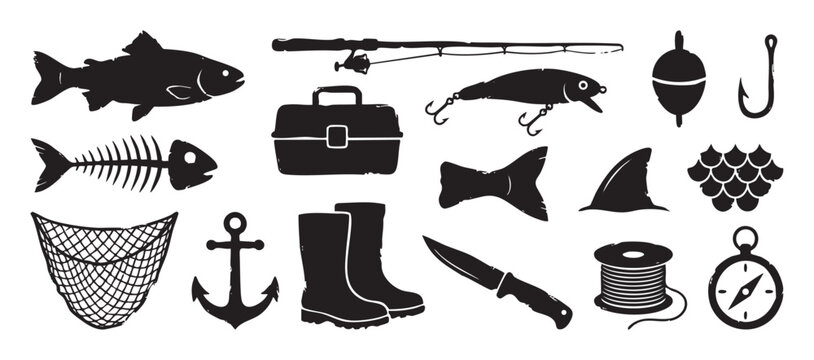 Set of hand-drawn black fishing silhouettes featuring a fish, rod, lure, anchor, boots, and tackle box in a rustic stamp-like illustration style for outdoor hobby concepts