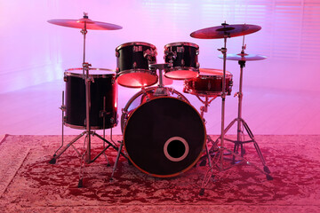 Modern drum kit in studio. Musical instrument