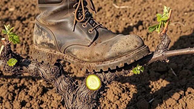 Work boot stepping on a pruned vine branch against a vineyard soil background