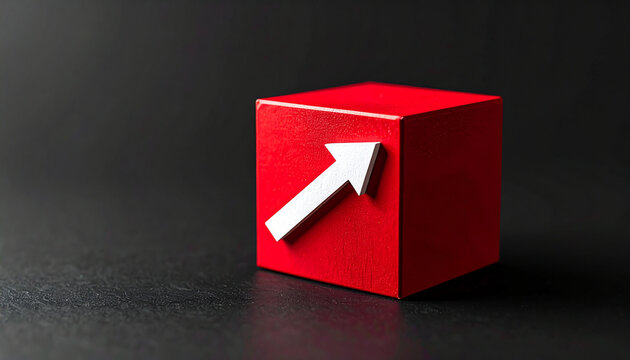Red cube with bold white arrow pointing upward, market growth and success concept. Close-up.