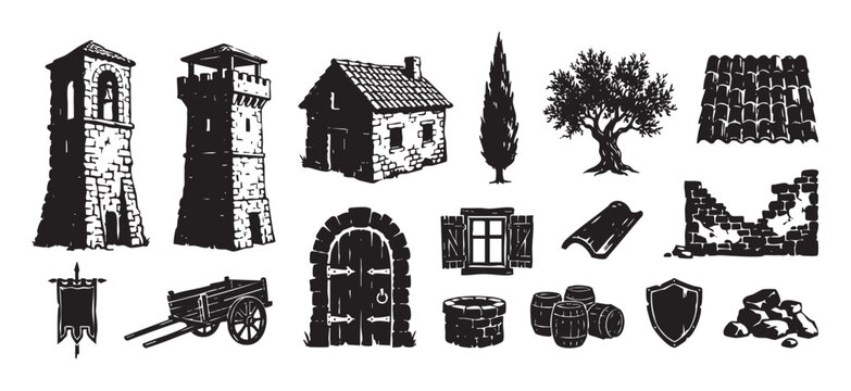 Collection of hand drawn medieval objects including a stone tower, house, cart, tree, and shield in a black and white woodcut style illustration set for historical or fantasy themes