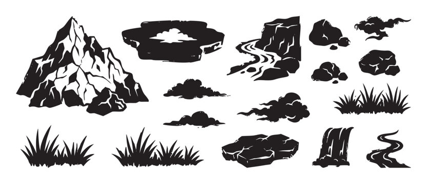 Set of black nature landscape elements including mountains, rocks, rivers, clouds, and grass in a hand-drawn graphic style for creating custom outdoor scenes and illustrations