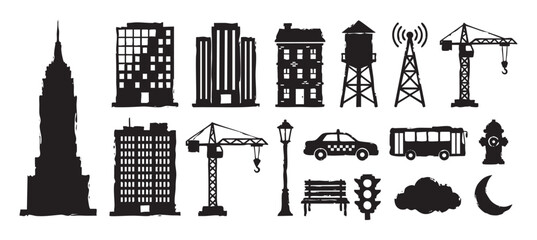 Obraz premium Set of black city-themed silhouette icons with a rough, hand-drawn texture, depicting architecture like skyscrapers and cranes, and transportation like a taxi and bus