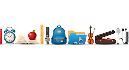 Back to school a colorful collection of school and musical objects including an alarm clock apple book pencil backpack lunchbox violin cello and more