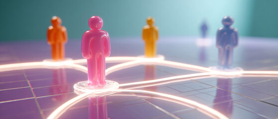 Colorful translucent human figures connected by glowing network lines on reflective grid surface representing social or digital connections