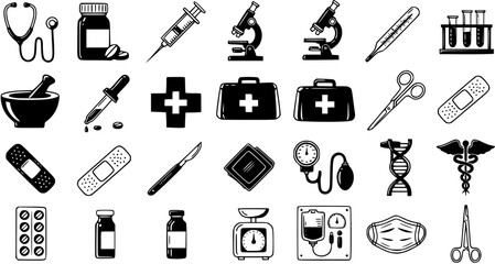 Obraz premium Comprehensive Black White Line Art Medical Healthcare Icons Set - Glyph Style Collection of Medical Tools, Instruments, and Symbols