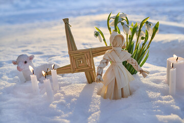 Imbolc brigid's cross doll candles a lamb in snow