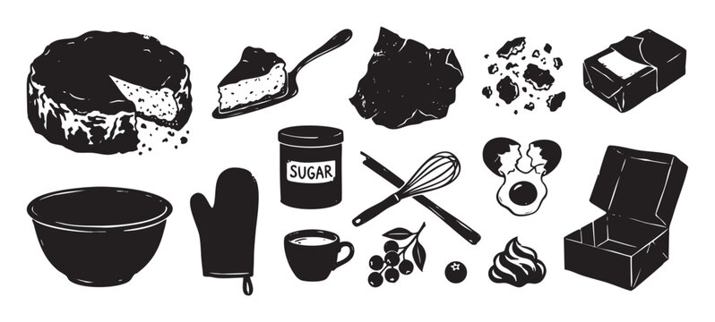 Hand-drawn baking and dessert ingredient icons featuring a cake, sugar, eggs, and kitchen tools in a rustic, monochrome linocut or woodcut graphic style for culinary design