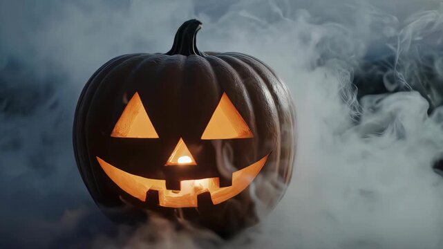 Jack-o'-lantern with spooky face in the fog