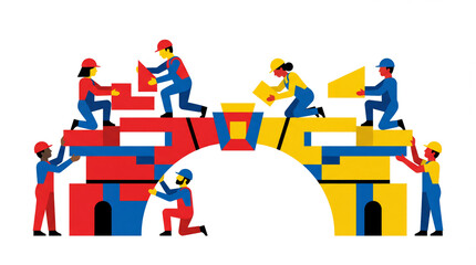 Team of diverse construction workers building a bridge together vector illustration concept for teamwork and collaboration