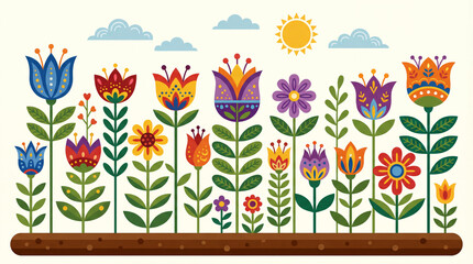 Colorful Scandinavian Folk Art Flowers in a Garden Row with Sun and Clouds Vector Illustration