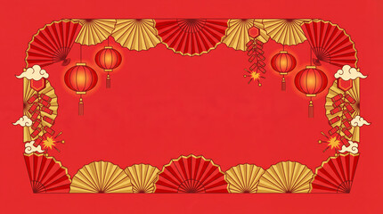 Chinese New Year festive frame with red and gold fans, lanterns, and firecrackers. Traditional lunar holiday border vector