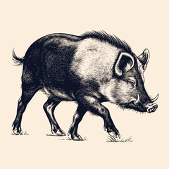 vintage engraved boar standing in profile, detailed wild pig illustration with bristles and tusks, classic natural history animal art isolated on beige background.