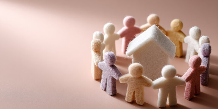 Group of diverse felt figures holding hands in a circle around a small felt house on a soft pink background symbolizing community and unity