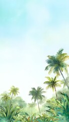 Fototapeta premium Tranquil tropical park illustration lush foliage serene beach scene airy vertical banner design