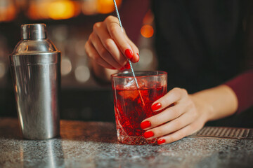 Woman stirring a vibrant red cocktail in a glass on a bar counter with a metal shaker nearby in a cozy dimly lit setting