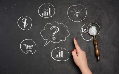 Visualization of the business decision-making process, with a hand pointing to a central question surrounded by chalk symbols of capital