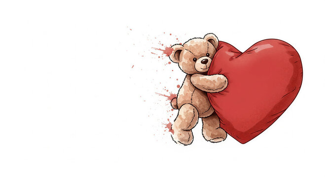 Teddy bear holding a large red heart on white background  with space for text