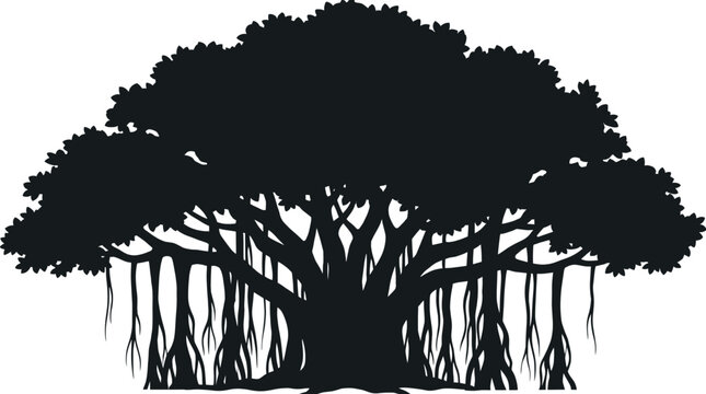 Big Banyan tree vector silhouette isolated on white background. Indian national tree with hanging roots illustration. Nature and environment icon design element.