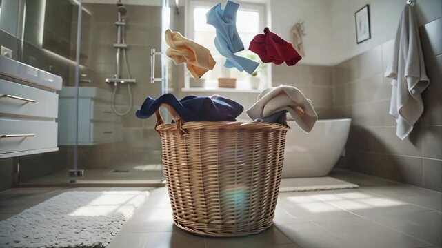 Clothes fall into a laundry basket in a modern bathroom