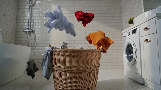 Clothes fall into a laundry basket in a modern bathroom