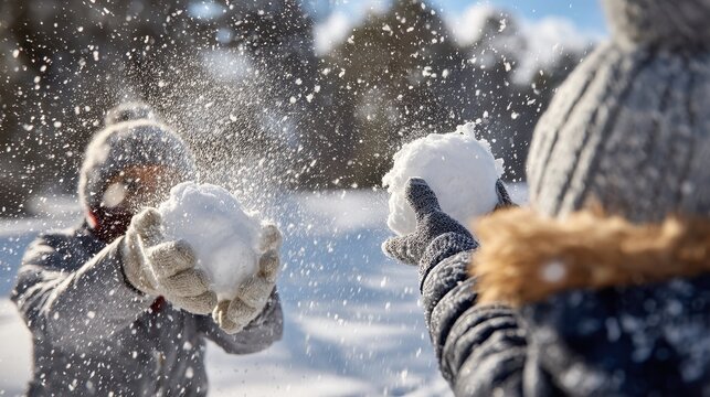 Fun winter snowball fight in a frosty wonderland