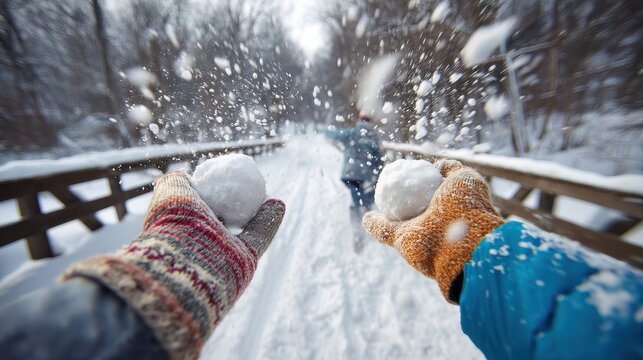 Playful snowball fight in a winter wonderland scene