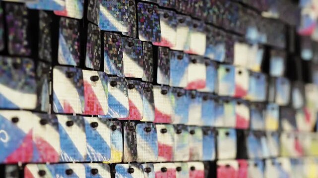 Close-up of a modular kinetic mosaic wall of hinged rectangular tiles printed with halftone dots, forming layered rows that resolve into red, white, and blue abstract waves