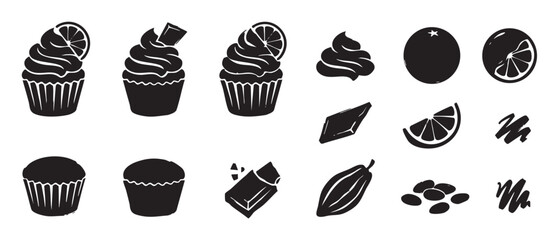 Collection of black dessert and ingredient icons including cupcakes, chocolate, and citrus fruit slices in a hand-drawn graphic style for confectionery and baking themes