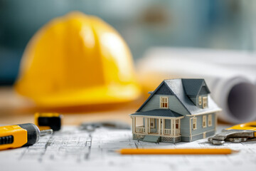 Architectural model house with construction tools, safety helmet, and blueprints on a workspace symbolizing home building and renovation planning concepts