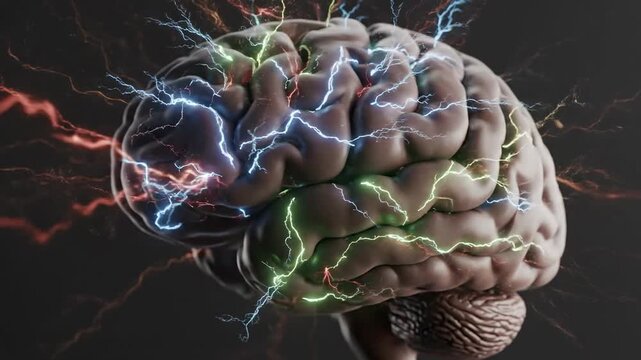 Realistic human brain pulsating with vibrant electrical impulses, illustrating intense neural activity under psychological pressure. Dynamic abstract visualization of cognitive overload and emotional