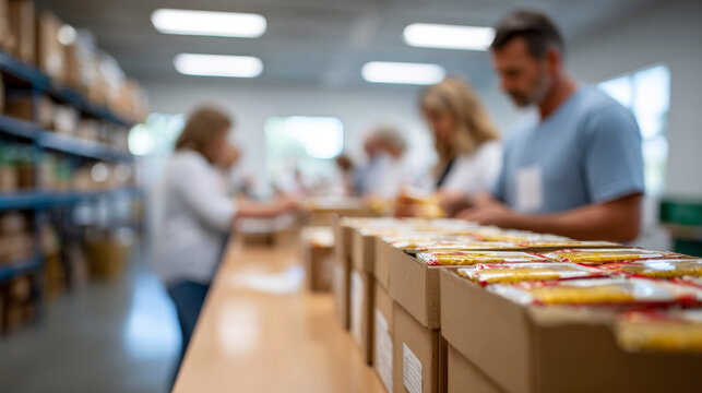 Volunteers packing food supplies into boxes at a community center for donation and distribution to those in need - Powered by Adobe