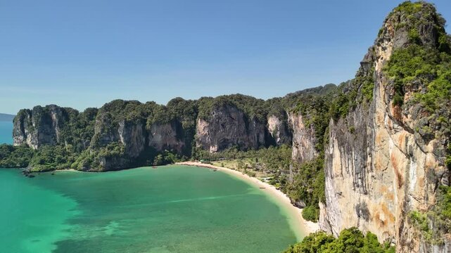 Aerial view of dramatic limestone cliffs and bay at Railay Beach, Krabi, Thailand
