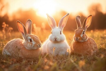 Fototapeta premium Three rabbits resting in field at sunset