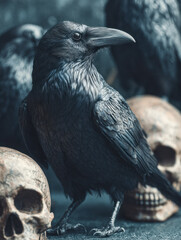 Obraz premium Mysterious raven perched among ancient skulls in a dark, moody setting evoking themes of mystery, nature, and the passage of time