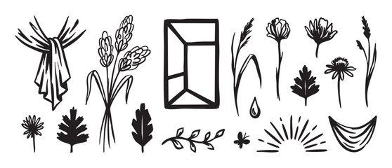 Fototapeta premium Set of hand-drawn black ink illustrations featuring rustic nature elements like wheat, flowers, leaves, and abstract symbols in a minimalist folk art doodle style