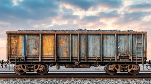 Rusted industrial freight train hopper car filled with coal on railway tracks under a cloudy sky at sunset in a detailed side view
