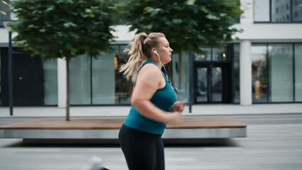 Side view of a determined plus size woman jogging along a modern urban street. She wears a blue top and headphones, showcasing a commitment to health and wellness in a city setting