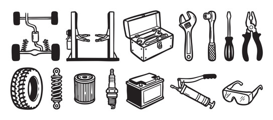 Fototapeta premium Collection of car repair tools and parts icons including a chassis, lift, toolbox, wrench, tire, battery, and spark plug in a bold black and white line art illustration style