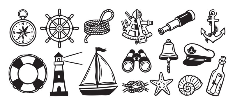 Set of black and white nautical icons drawn in a simple doodle style, including a sailboat, anchor, compass, ship wheel, lighthouse, rope, and other marine adventure symbols