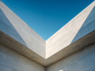 Minimalist architectural concrete corner with sharp shadows and bright blue sky showcasing modern geometric design and clean lines in natural daylight