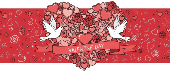Valentine Romantic valentine banner with white doves and flower heart over red background pattern